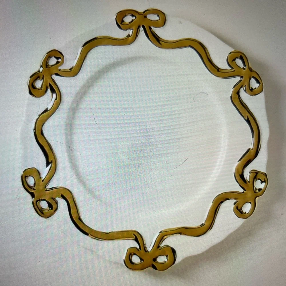 ❤️ ANTHROPOLOGIE BENEDITA GOLD BOW STONEWARE DINNER PLATE NEW